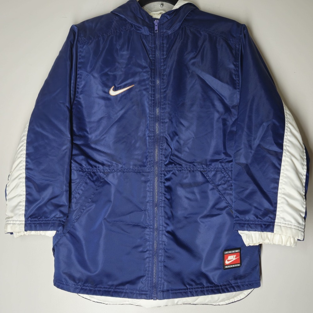 Vintage 90s Kids Nike M 10-12 Logo Navy Blue White Puffer Jacket Winter Coat